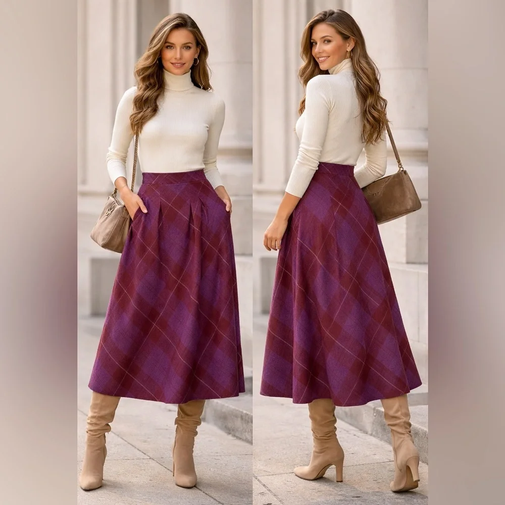 Vintage 1987 Thermo Jac Pleated Wool Plaid Midi Skirt Burgundy Purple Size 6